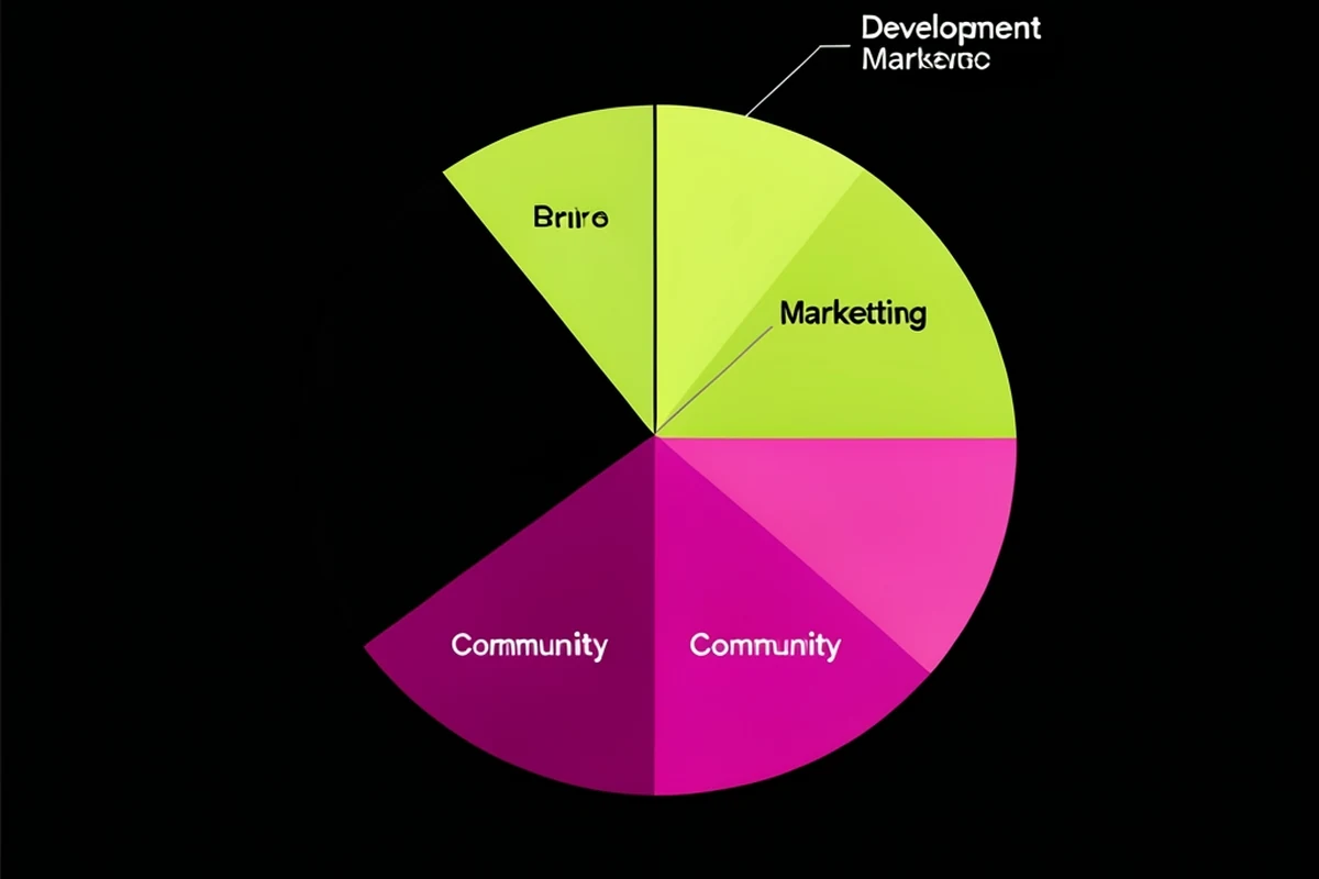 Illustration showing token supply divided across team, community, liquidity, and marketing allocation categories